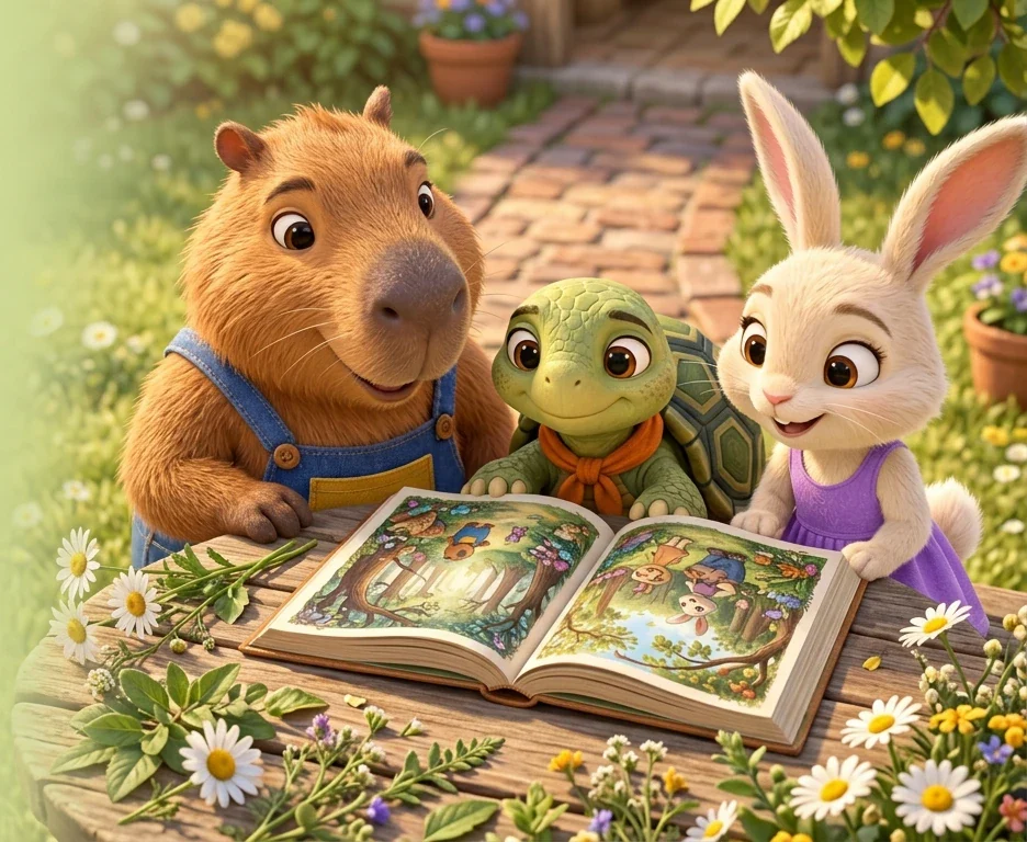 Pipo, Lila e Teco descobrem juntos as ilustrações de um livro no quintal