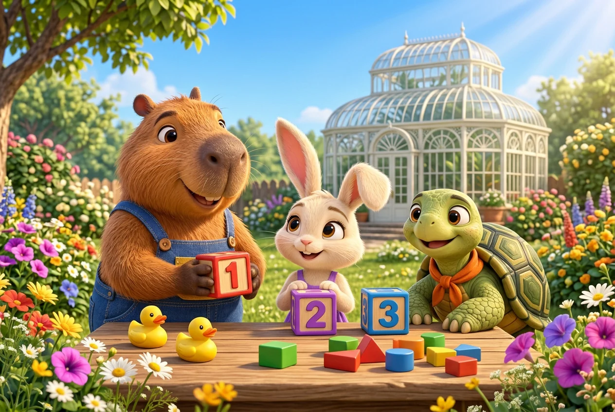 Pipo, Lila e Teco brincam com blocos, formas e patinhos no quintal